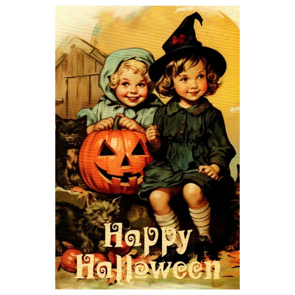 Vintage Styled Halloween Postcard Children Witch Jack-o'-Lantern Black Cats